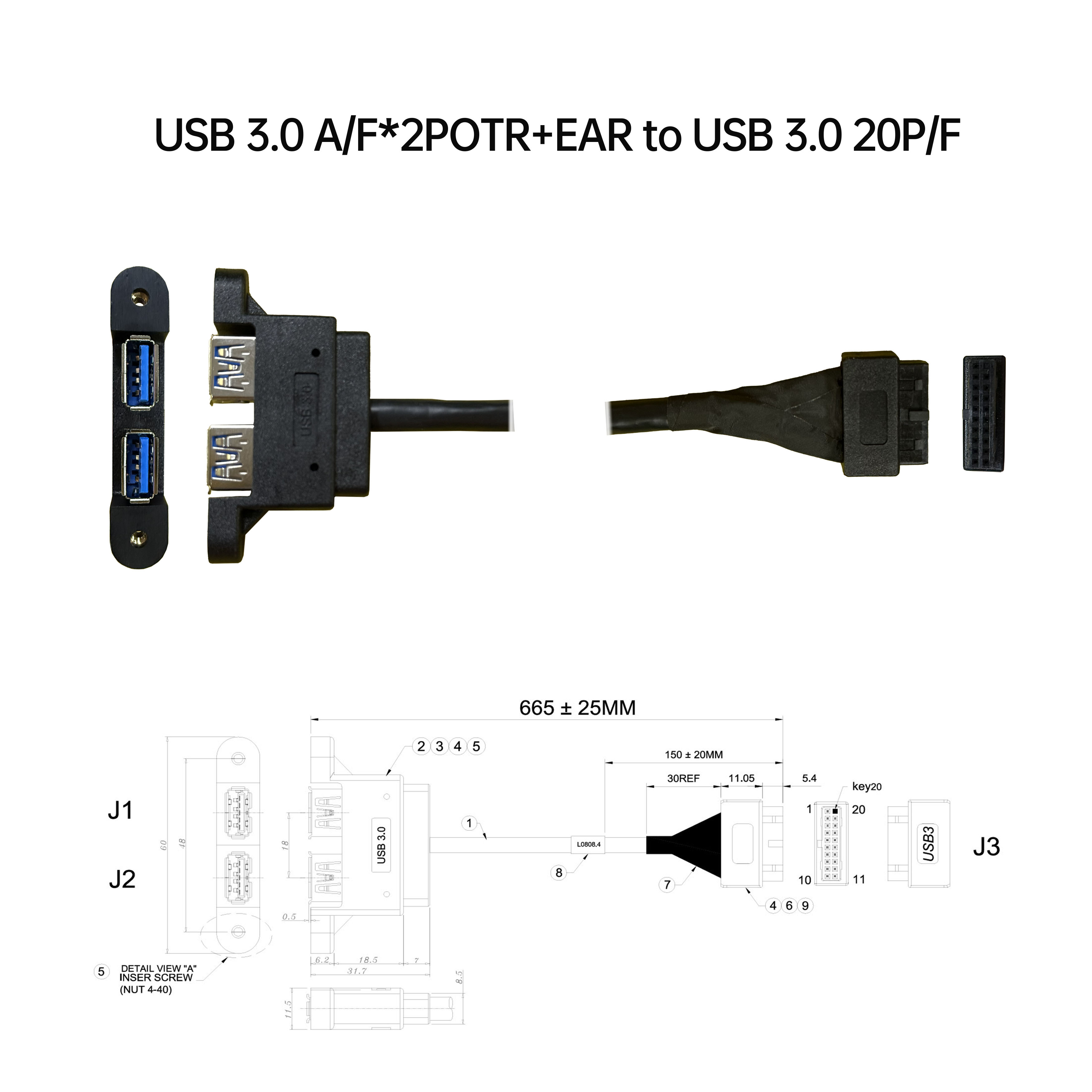 USB 3.0 A/母*2POTR+EAR 對 USB 3.0 20P/母