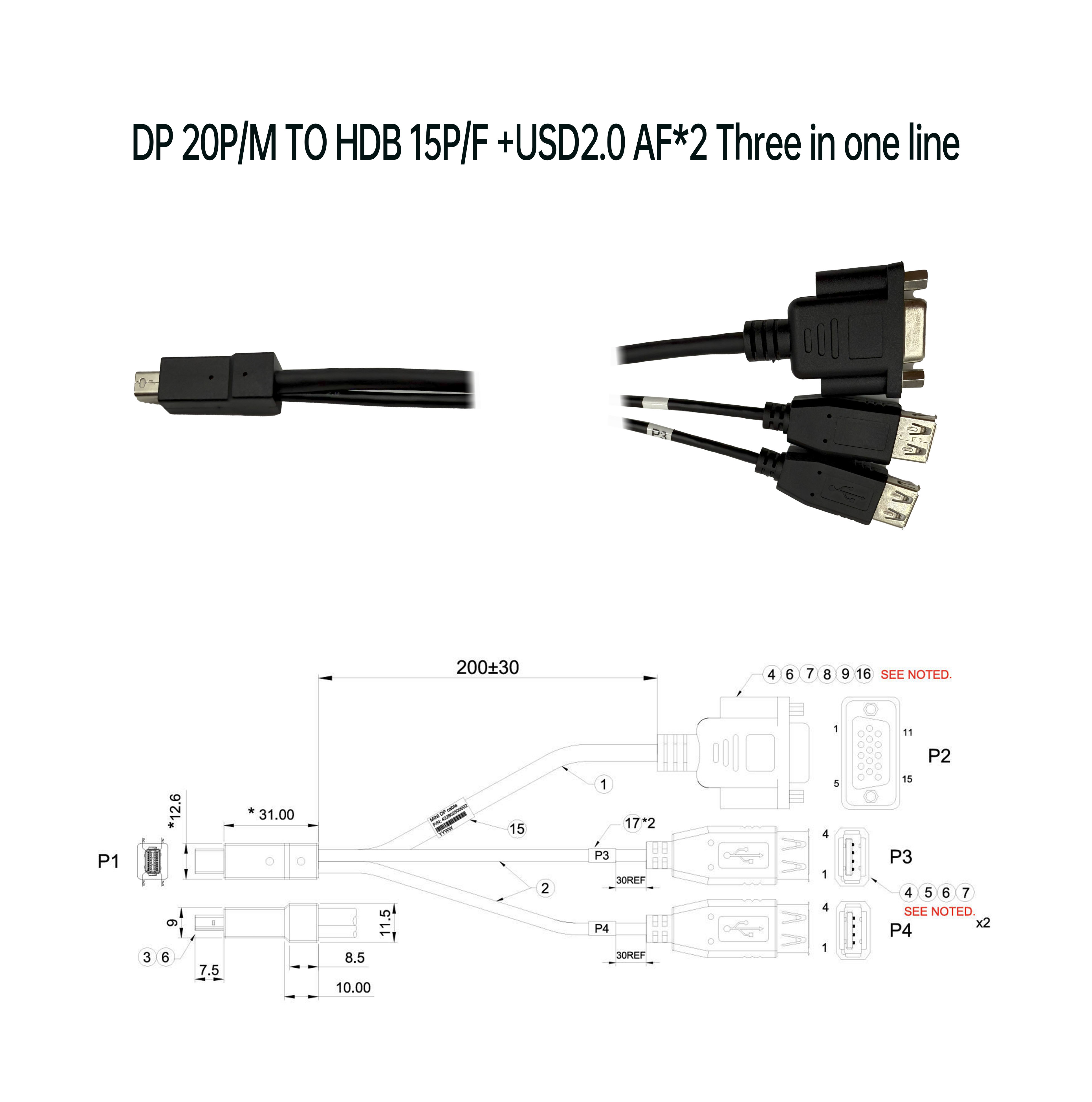 DP 20P公 對 HDB 15P母+USD2.0 A公 三合一